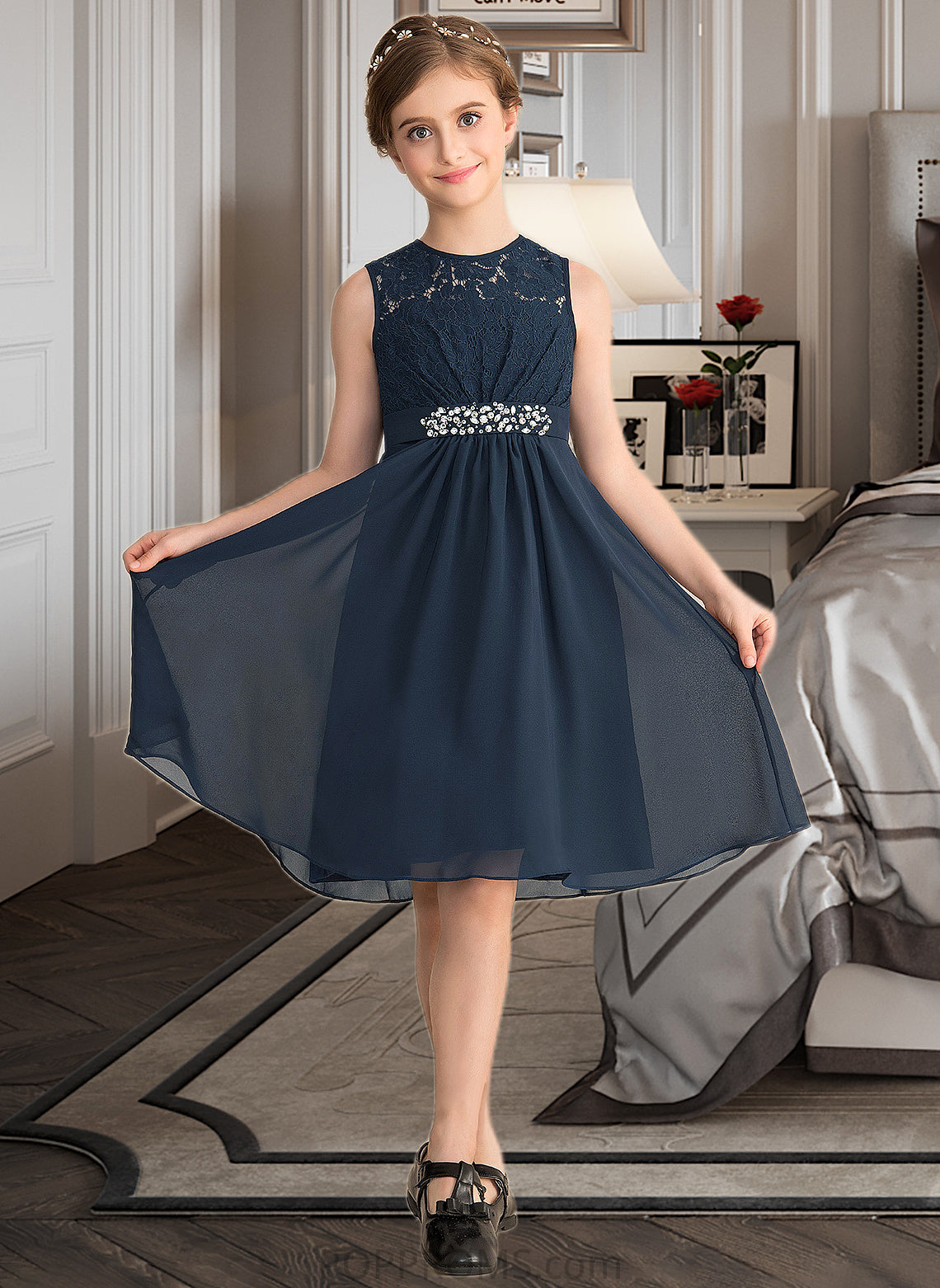 Izabelle A-Line Scoop Neck Knee-Length Chiffon Lace Junior Bridesmaid Dress With Beading Sequins Bow(s) PP6P0013583