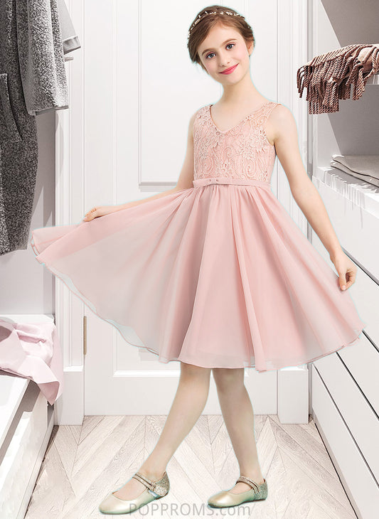 Val A-Line V-neck Knee-Length Chiffon Junior Bridesmaid Dress With Bow(s) PP6P0013586