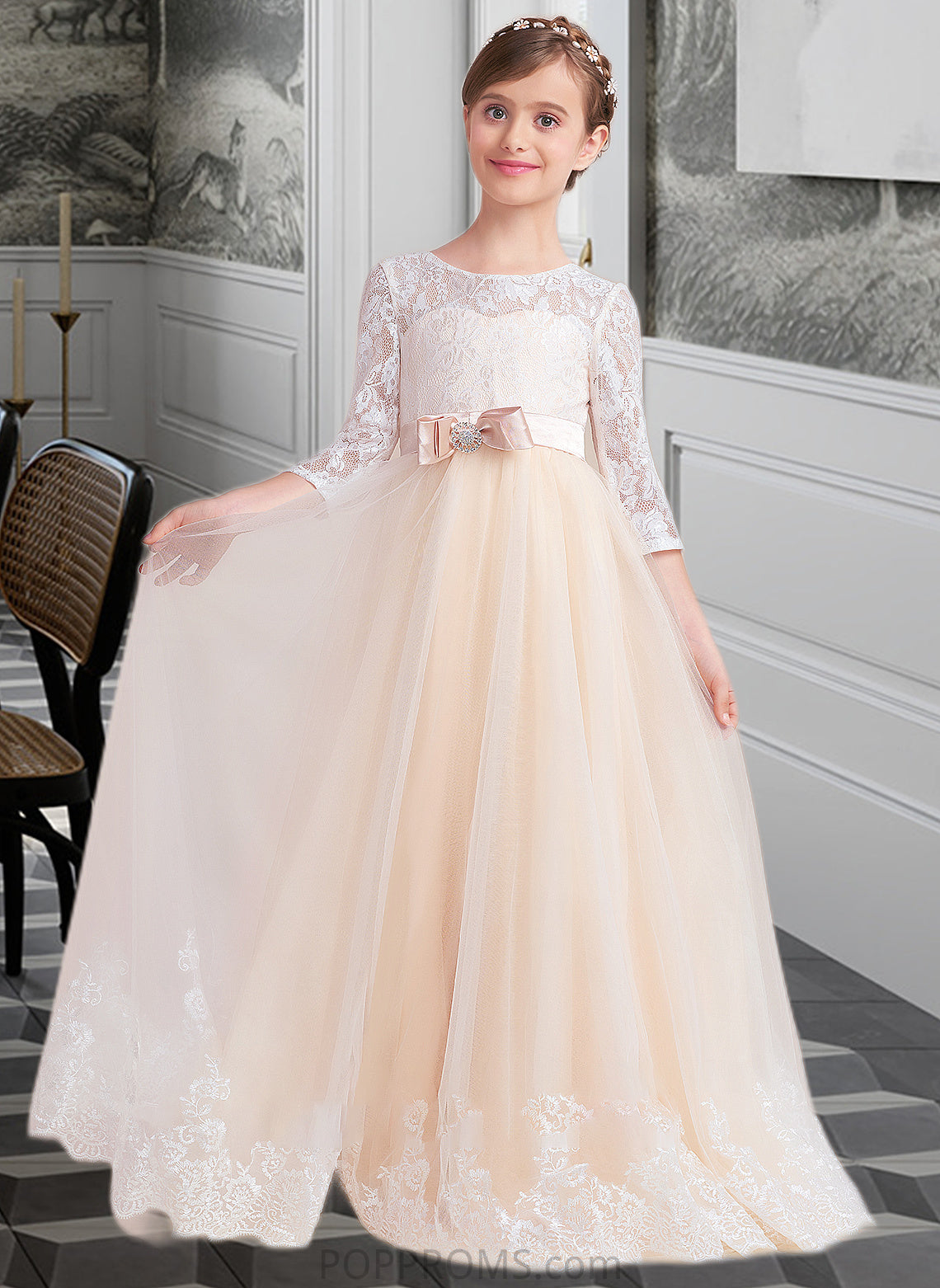 Edith Ball-Gown/Princess Scoop Neck Floor-Length Tulle Lace Junior Bridesmaid Dress With Sash Beading Bow(s) PP6P0013589