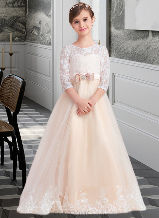 Edith Ball-Gown/Princess Scoop Neck Floor-Length Tulle Lace Junior Bridesmaid Dress With Sash Beading Bow(s) PP6P0013589