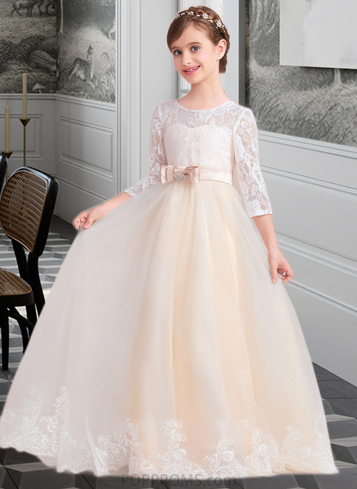 Edith Ball-Gown/Princess Scoop Neck Floor-Length Tulle Lace Junior Bridesmaid Dress With Sash Beading Bow(s) PP6P0013589