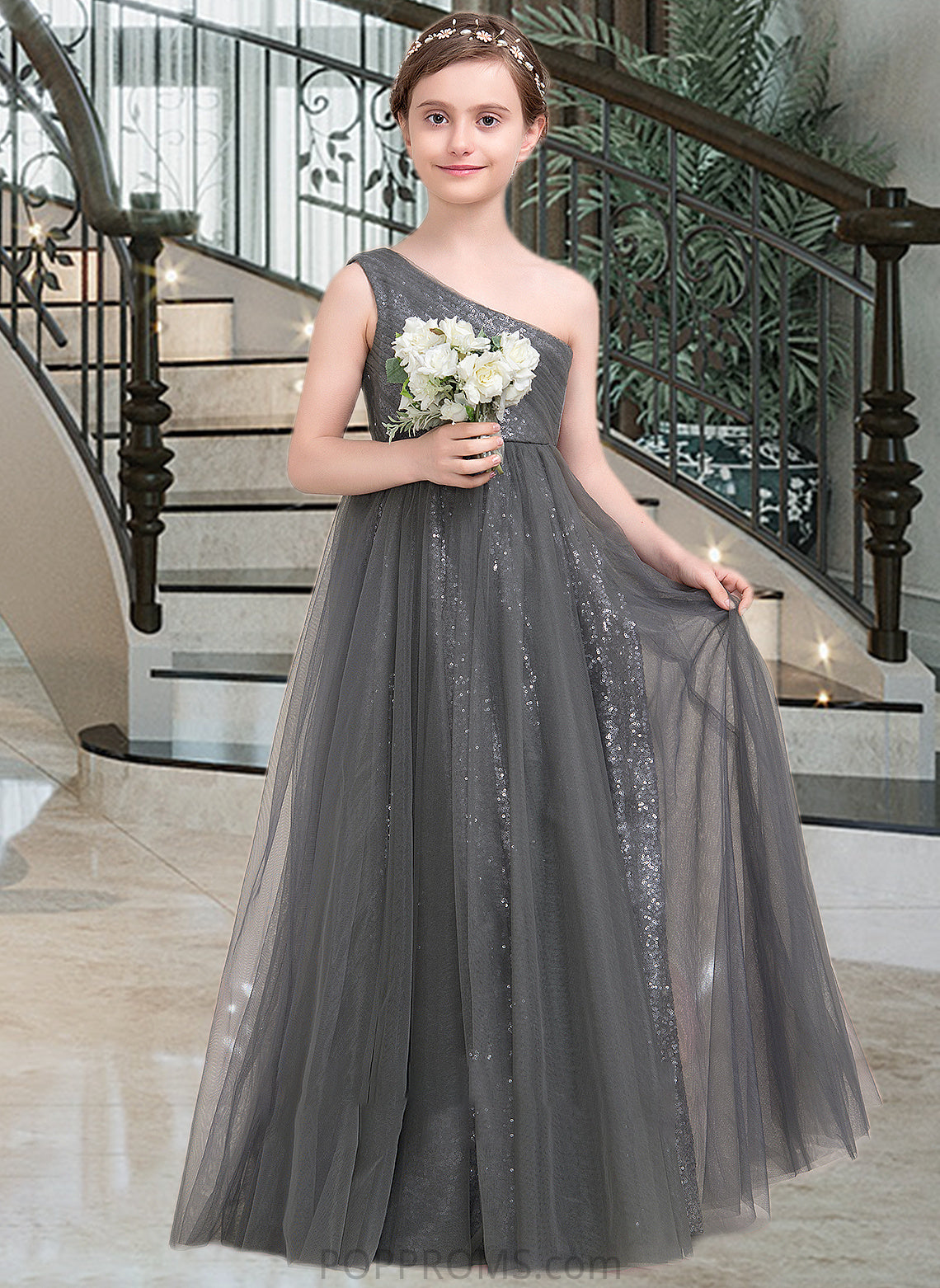 Nora A-Line One-Shoulder Floor-Length Tulle Sequined Junior Bridesmaid Dress With Ruffle PP6P0013592