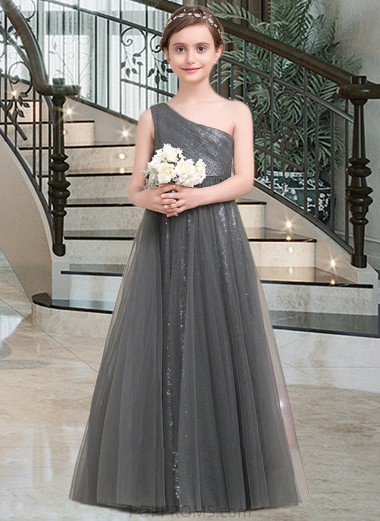 Nora A-Line One-Shoulder Floor-Length Tulle Sequined Junior Bridesmaid Dress With Ruffle PP6P0013592