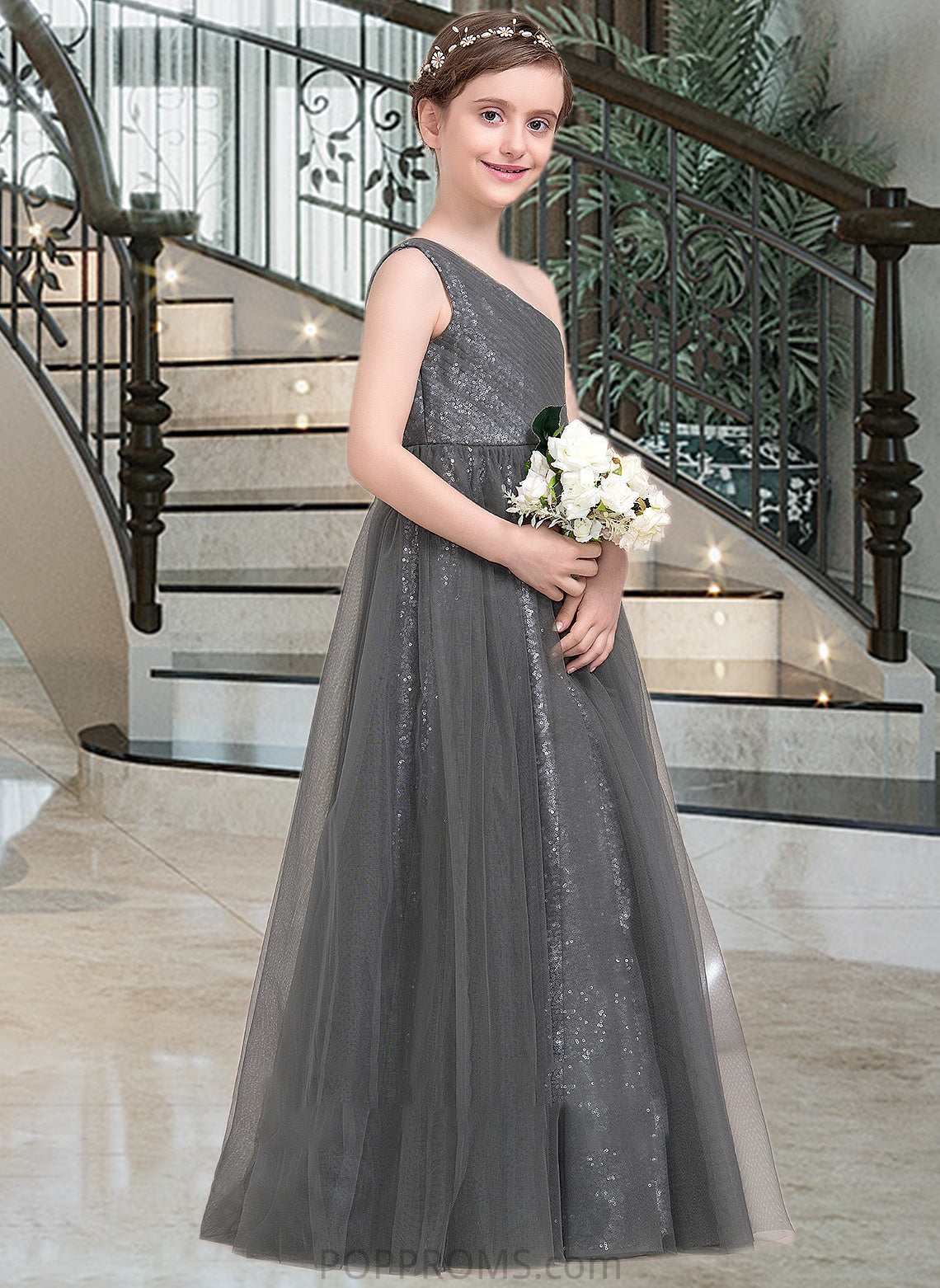 Nora A-Line One-Shoulder Floor-Length Tulle Sequined Junior Bridesmaid Dress With Ruffle PP6P0013592