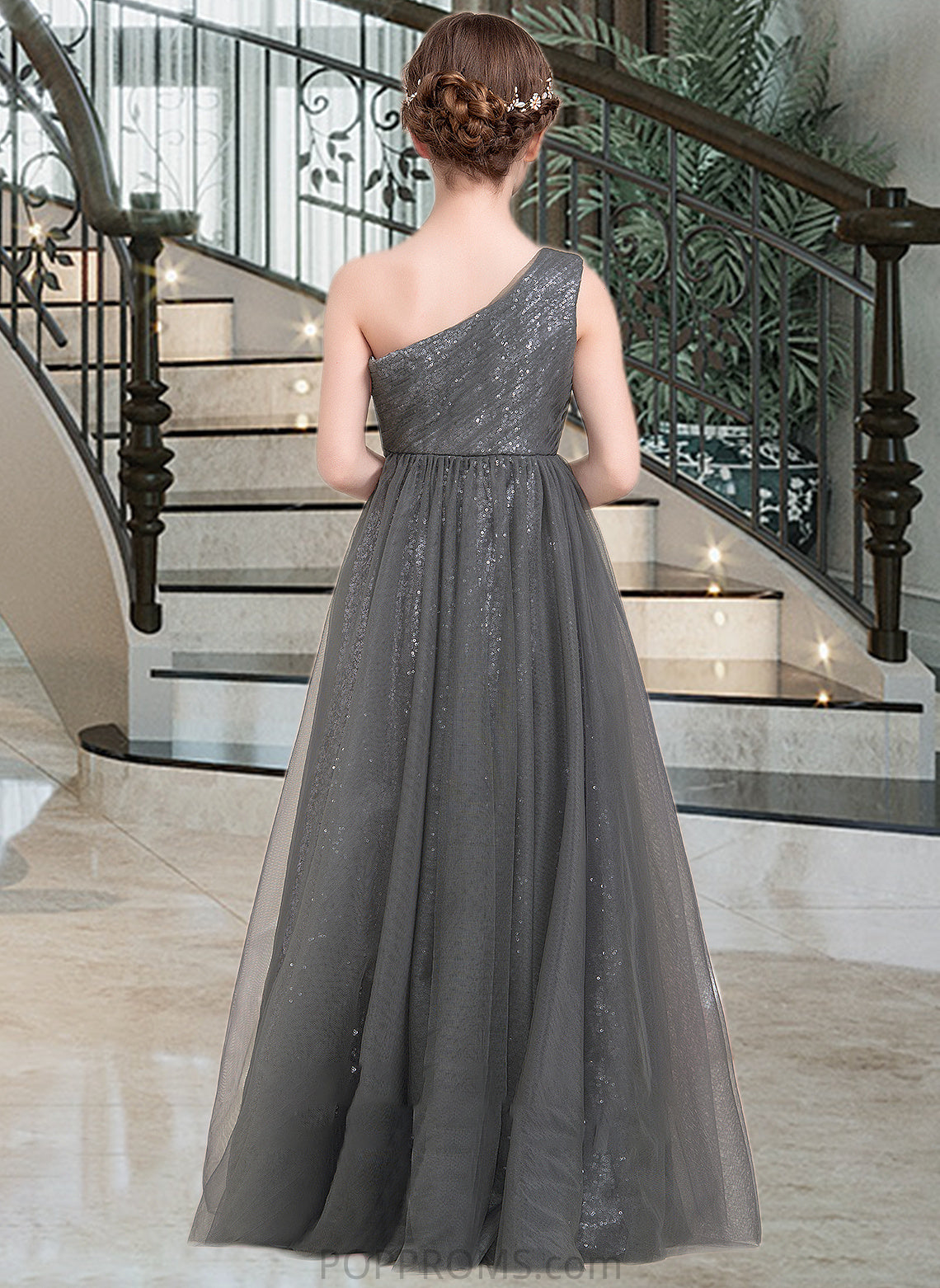 Nora A-Line One-Shoulder Floor-Length Tulle Sequined Junior Bridesmaid Dress With Ruffle PP6P0013592