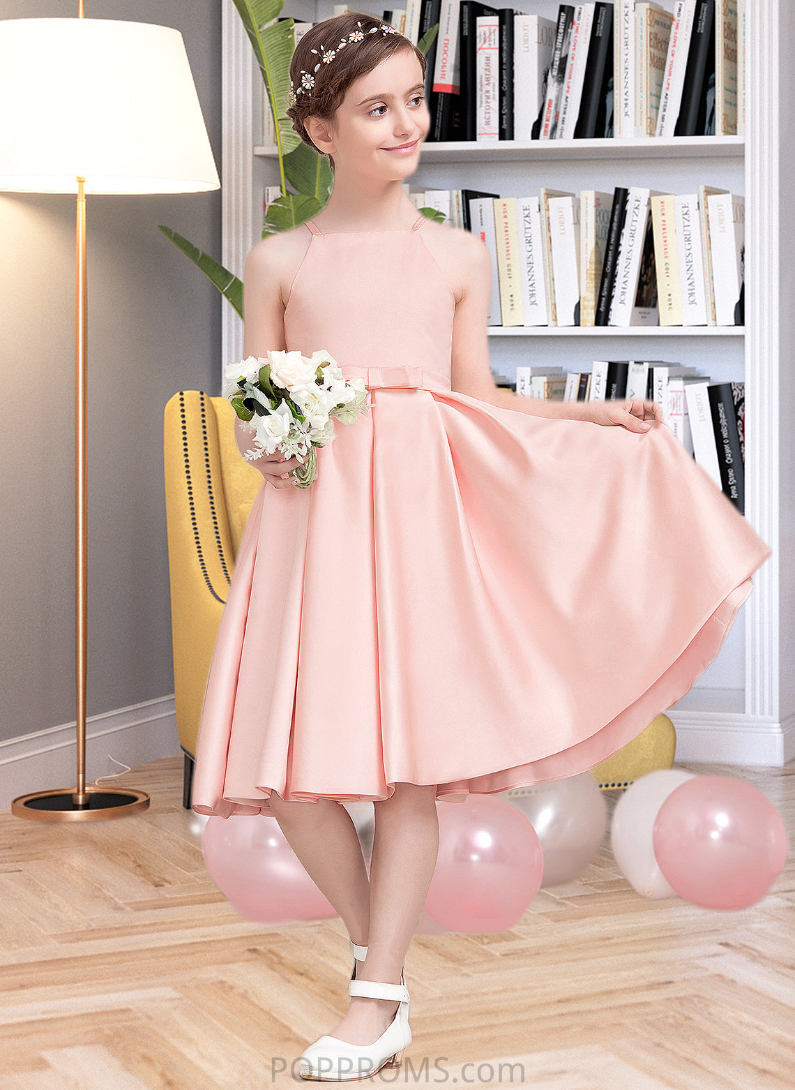 Samantha A-Line Square Neckline Knee-Length Satin Junior Bridesmaid Dress With Bow(s) PP6P0013593