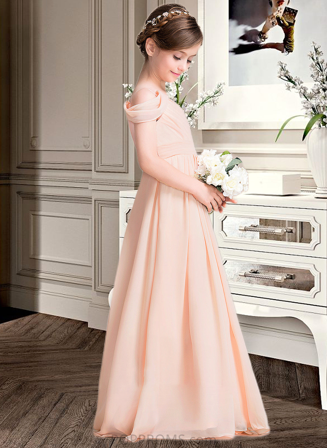 Amaris A-Line One-Shoulder Floor-Length Chiffon Junior Bridesmaid Dress With Ruffle PP6P0013594