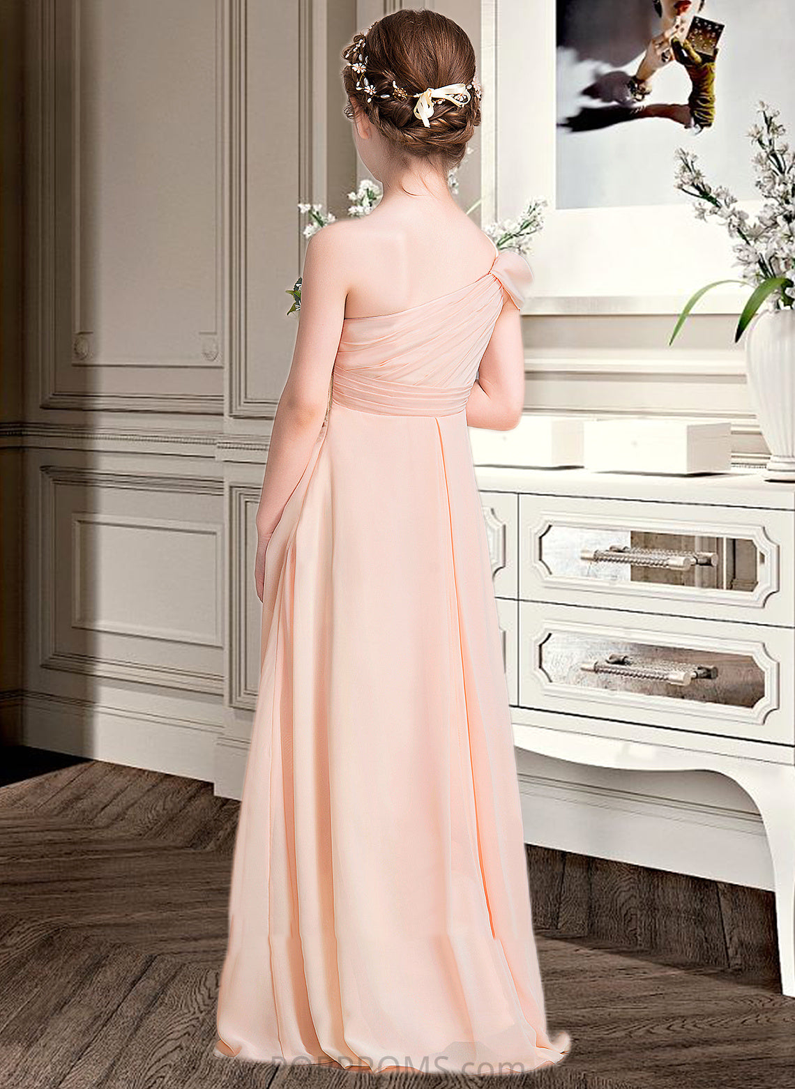 Amaris A-Line One-Shoulder Floor-Length Chiffon Junior Bridesmaid Dress With Ruffle PP6P0013594