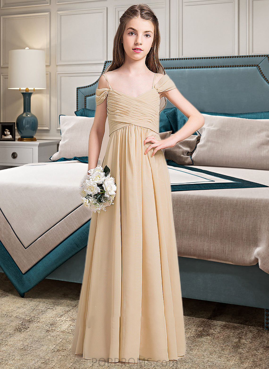 Taryn A-Line Off-the-Shoulder Floor-Length Chiffon Junior Bridesmaid Dress With Ruffle PP6P0013595