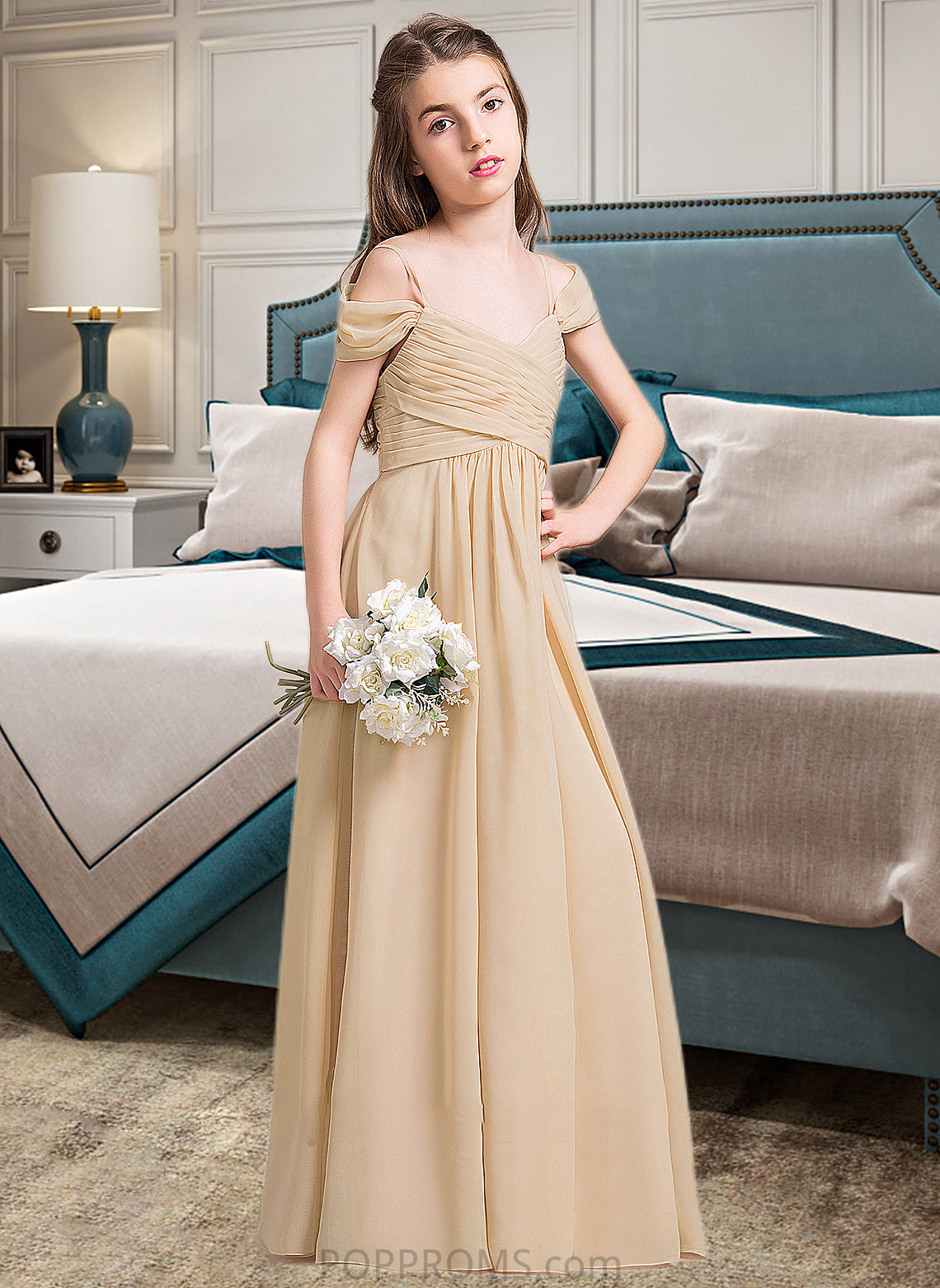 Taryn A-Line Off-the-Shoulder Floor-Length Chiffon Junior Bridesmaid Dress With Ruffle PP6P0013595