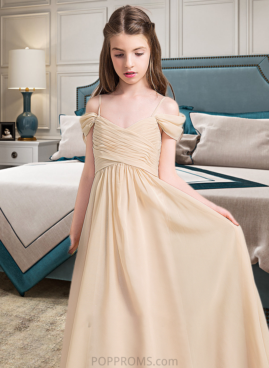 Taryn A-Line Off-the-Shoulder Floor-Length Chiffon Junior Bridesmaid Dress With Ruffle PP6P0013595