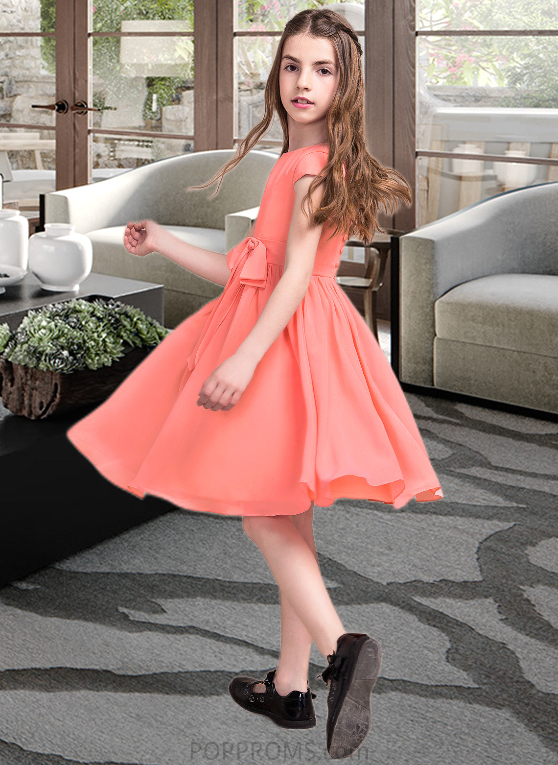 Anna A-Line Scoop Neck Knee-Length Chiffon Junior Bridesmaid Dress With Bow(s) PP6P0013596