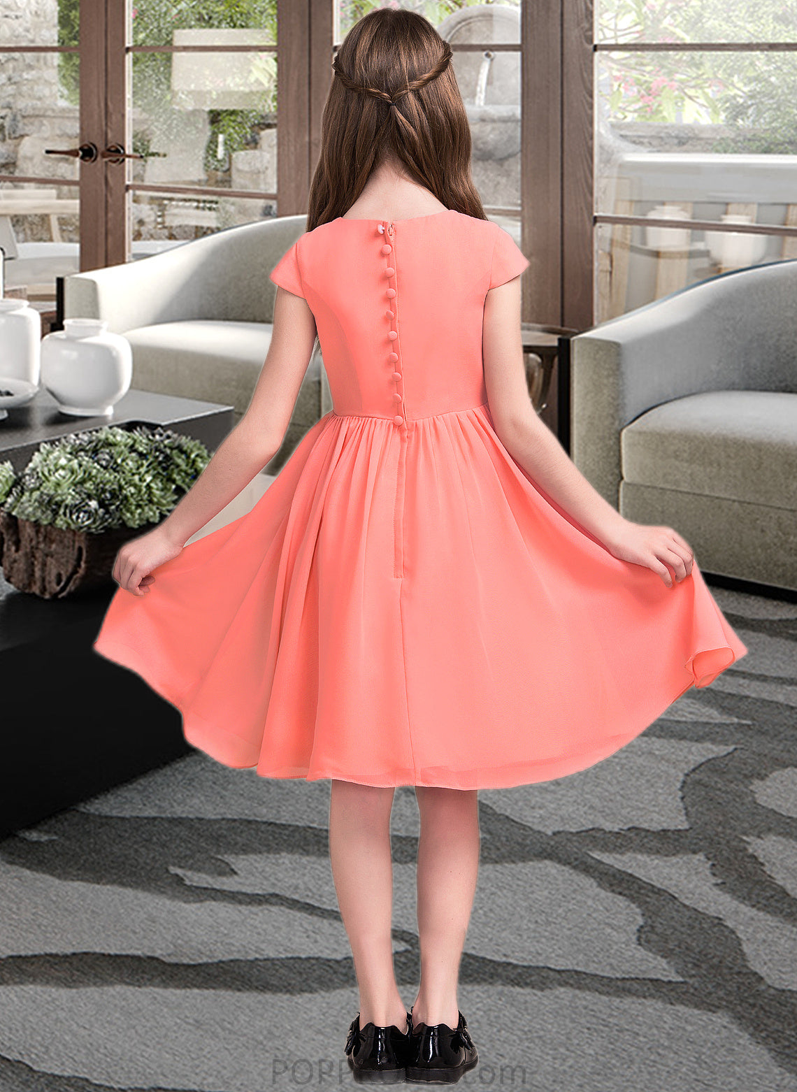 Anna A-Line Scoop Neck Knee-Length Chiffon Junior Bridesmaid Dress With Bow(s) PP6P0013596