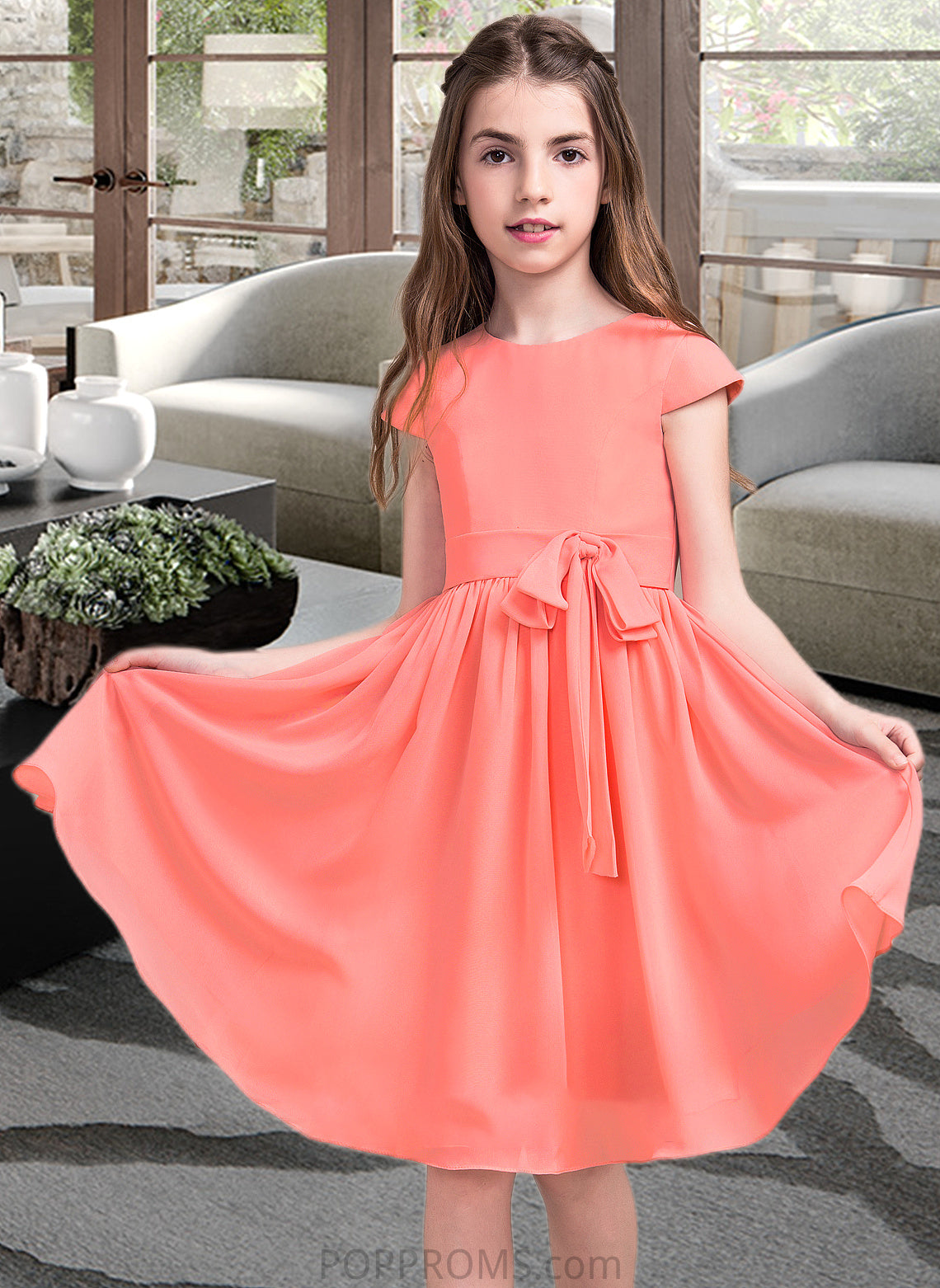 Anna A-Line Scoop Neck Knee-Length Chiffon Junior Bridesmaid Dress With Bow(s) PP6P0013596