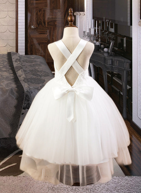 Kayden Ball-Gown/Princess Sweetheart Tea-Length Satin Tulle Lace Junior Bridesmaid Dress With Bow(s) PP6P0013597