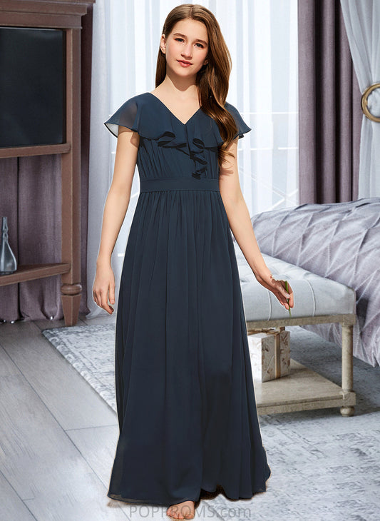 Cora A-Line V-neck Floor-Length Chiffon Junior Bridesmaid Dress With Bow(s) Cascading Ruffles PP6P0013599