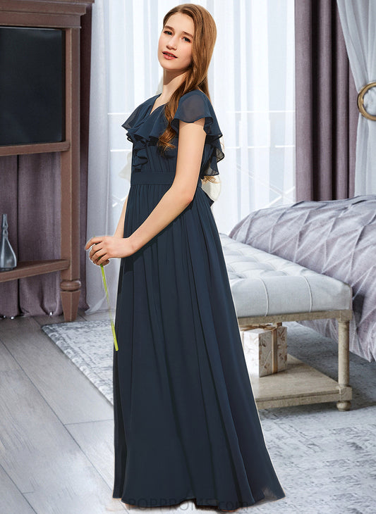 Cora A-Line V-neck Floor-Length Chiffon Junior Bridesmaid Dress With Bow(s) Cascading Ruffles PP6P0013599