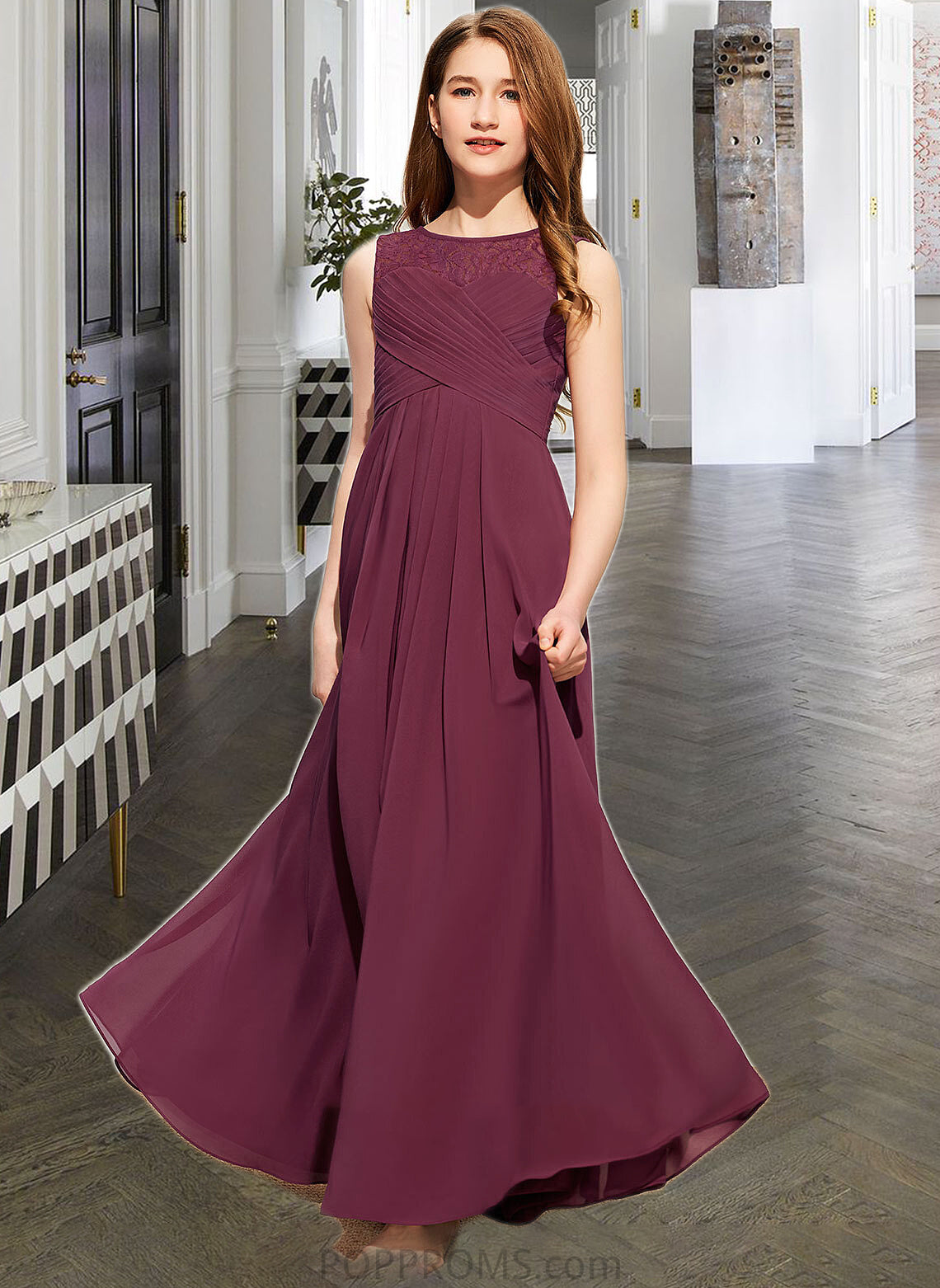 Natalya A-Line Scoop Neck Floor-Length Chiffon Lace Junior Bridesmaid Dress With Ruffle Bow(s) PP6P0013600