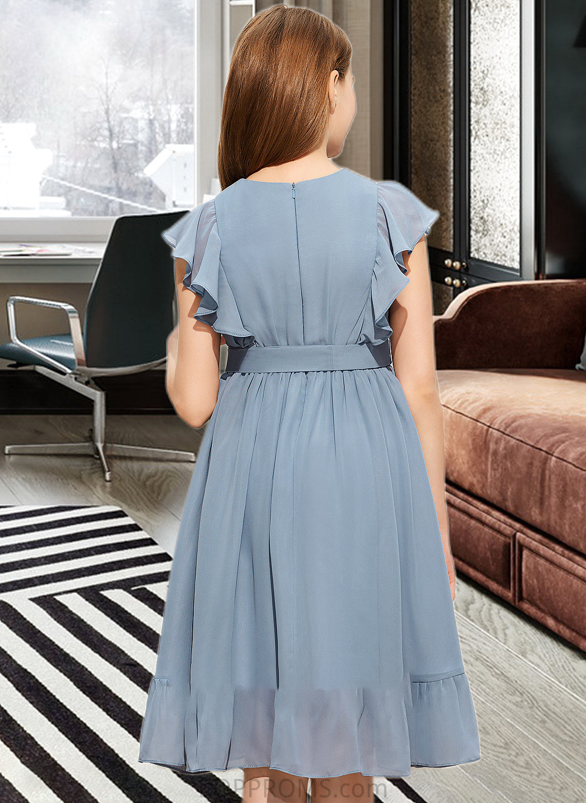 Iyana A-Line Scoop Neck Knee-Length Chiffon Junior Bridesmaid Dress With Bow(s) Cascading Ruffles PP6P0013601