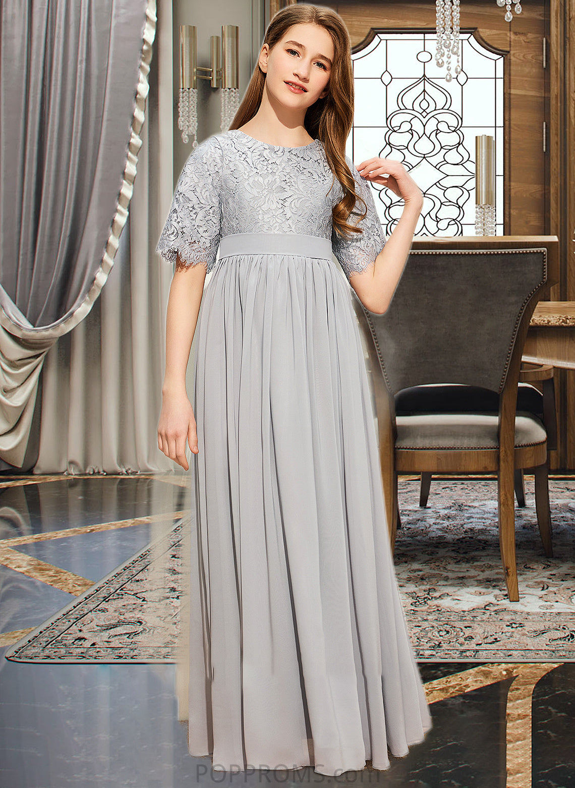 Aniyah A-LineScoopNeckFloor-LengthChiffonLaceJuniorBridesmaidDress#253700 PP6P0013602