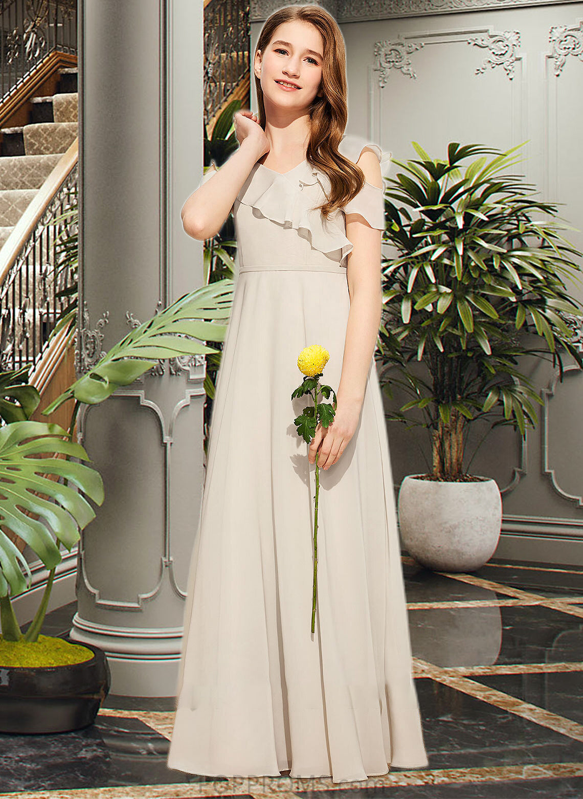 Yvonne A-Line V-neck Floor-Length Chiffon Junior Bridesmaid Dress With Cascading Ruffles PP6P0013603