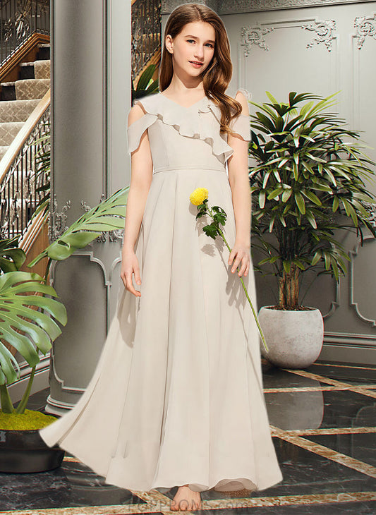 Yvonne A-Line V-neck Floor-Length Chiffon Junior Bridesmaid Dress With Cascading Ruffles PP6P0013603