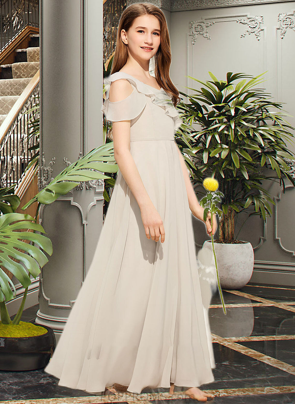 Yvonne A-Line V-neck Floor-Length Chiffon Junior Bridesmaid Dress With Cascading Ruffles PP6P0013603