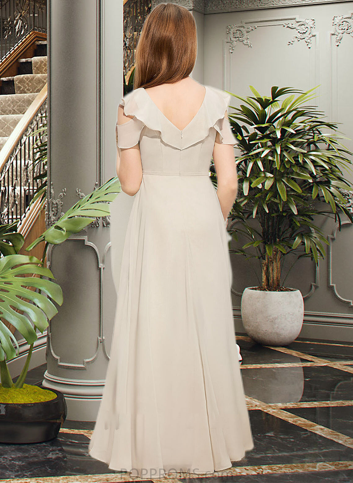 Yvonne A-Line V-neck Floor-Length Chiffon Junior Bridesmaid Dress With Cascading Ruffles PP6P0013603