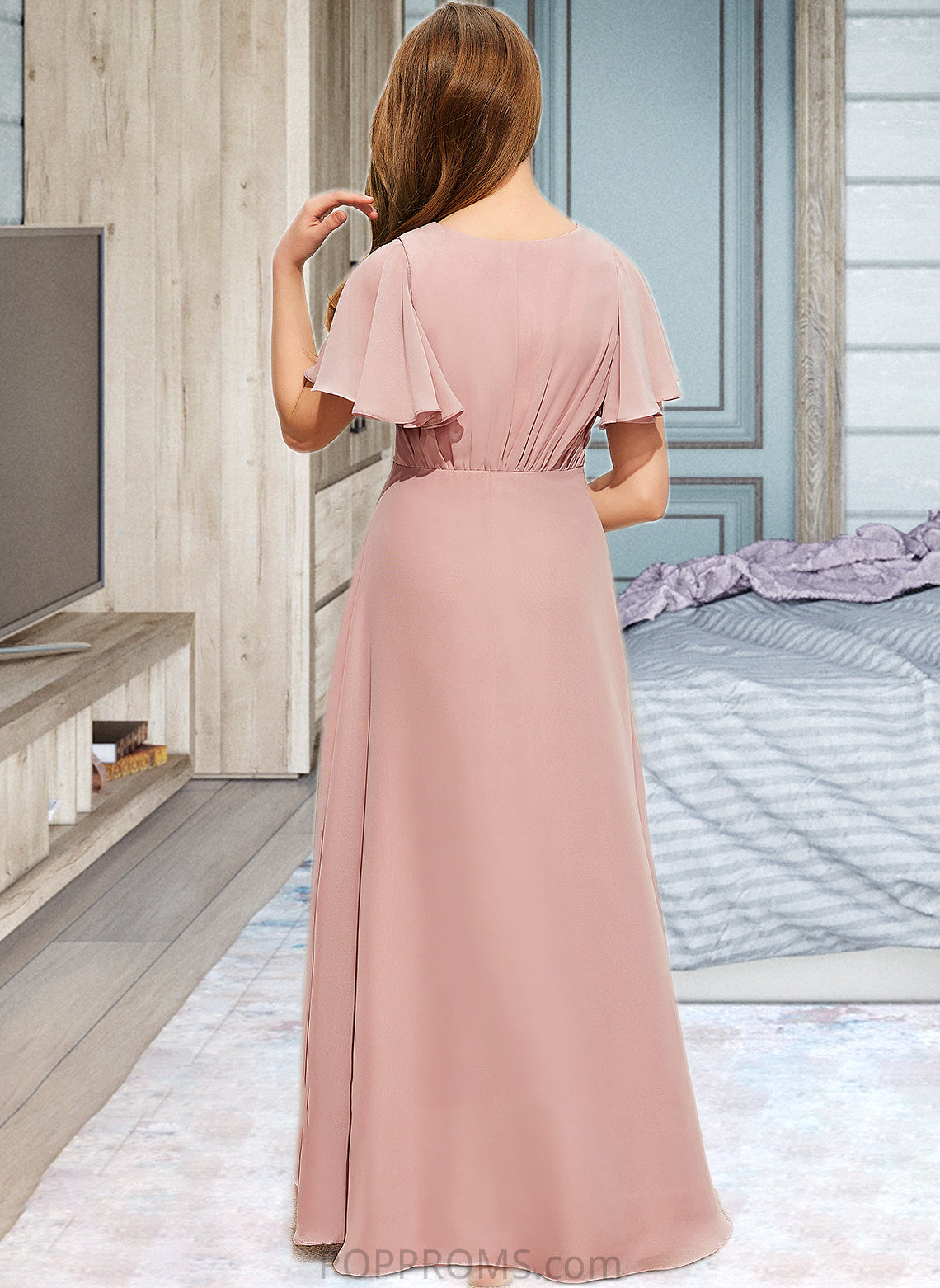 Sheila A-Line V-neck Asymmetrical Chiffon Junior Bridesmaid Dress With Ruffle PP6P0013604