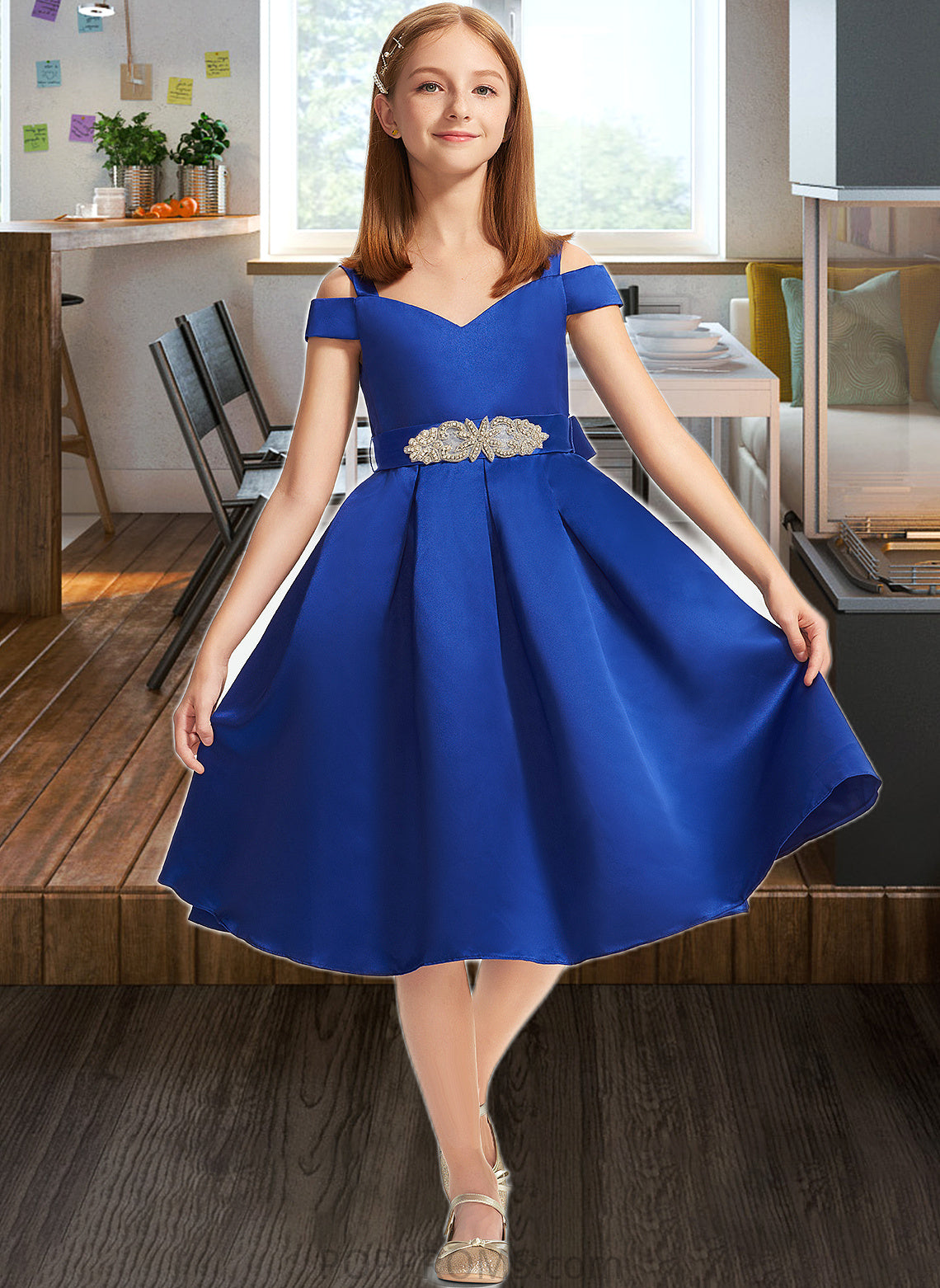 Hailee A-Line Off-the-Shoulder Knee-Length Satin Junior Bridesmaid Dress With Beading Bow(s) PP6P0013605