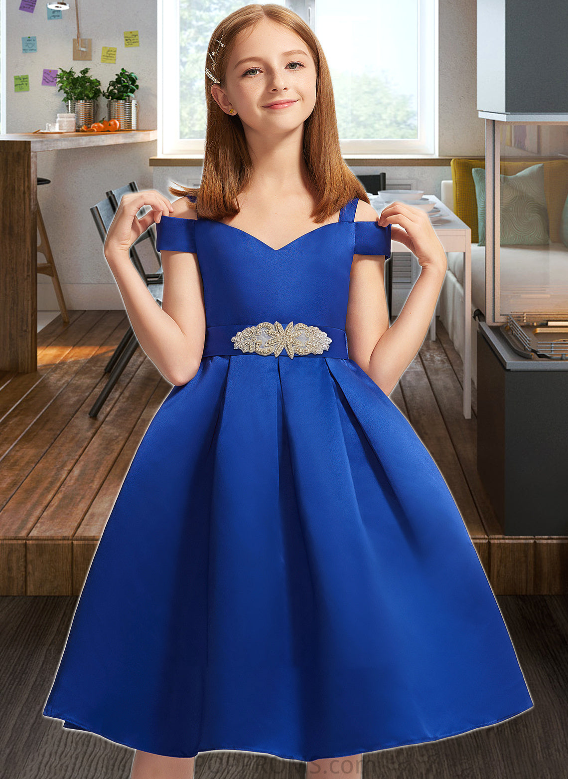 Hailee A-Line Off-the-Shoulder Knee-Length Satin Junior Bridesmaid Dress With Beading Bow(s) PP6P0013605