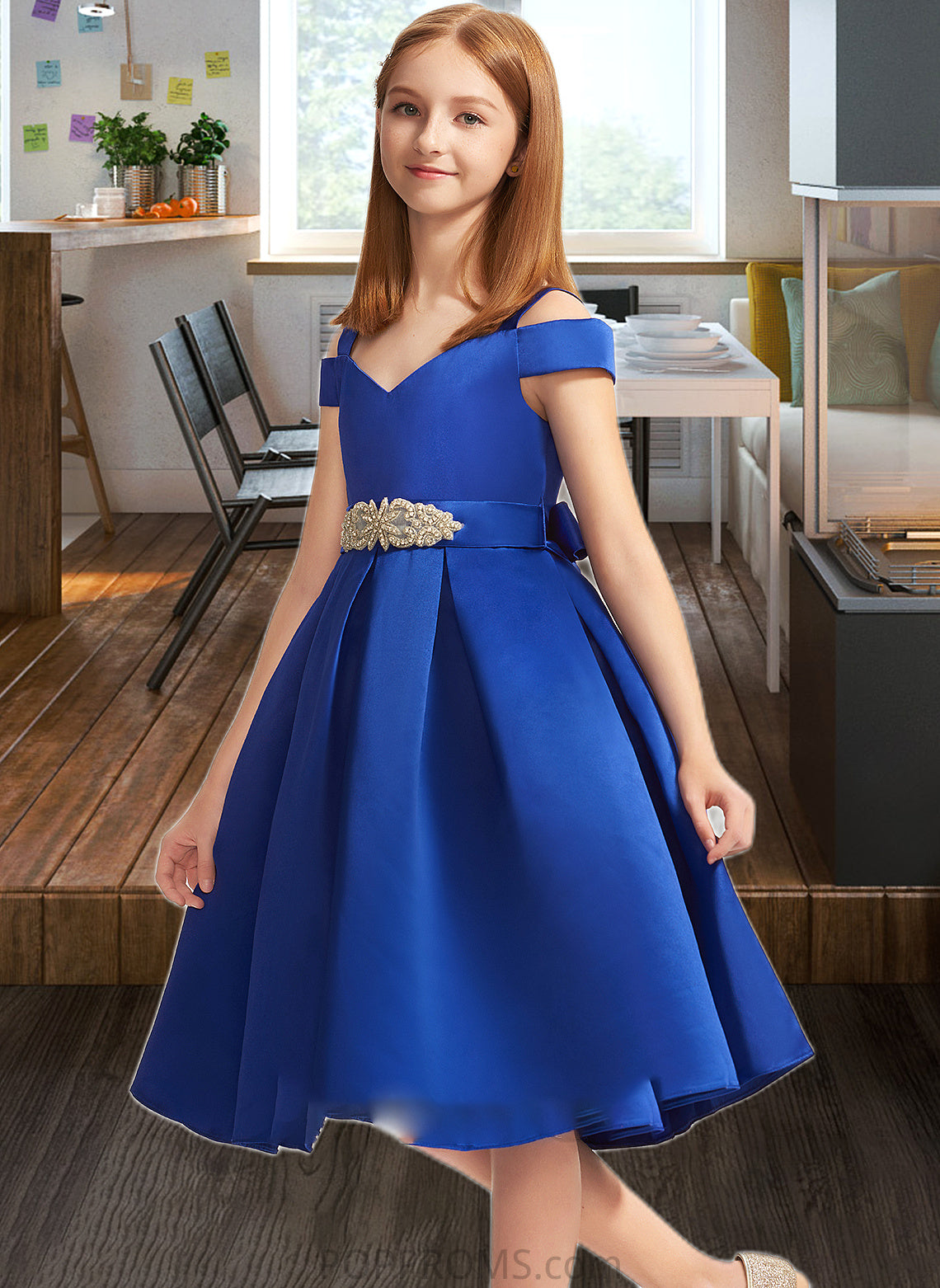 Hailee A-Line Off-the-Shoulder Knee-Length Satin Junior Bridesmaid Dress With Beading Bow(s) PP6P0013605