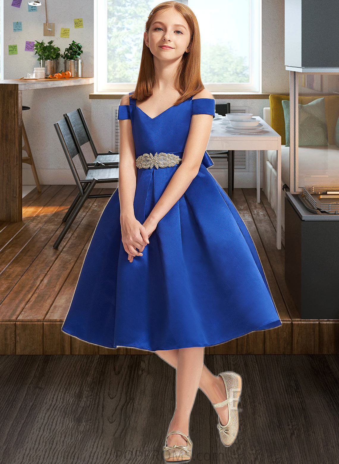 Hailee A-Line Off-the-Shoulder Knee-Length Satin Junior Bridesmaid Dress With Beading Bow(s) PP6P0013605