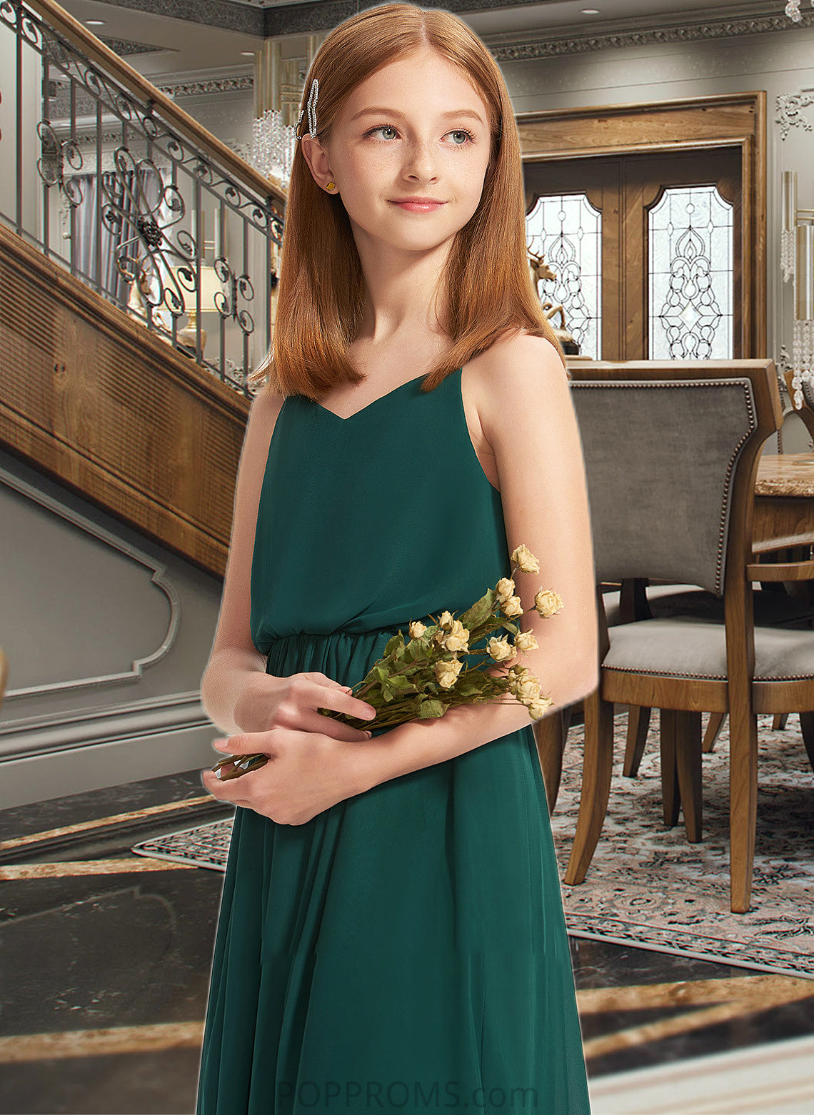 Lexie A-Line V-neck Floor-Length Chiffon Junior Bridesmaid Dress With Ruffle PP6P0013606