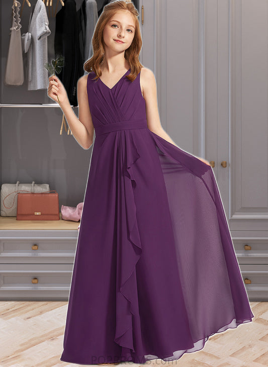 Katelyn A-Line V-neck Floor-Length Chiffon Junior Bridesmaid Dress With Ruffles PP6P0013607