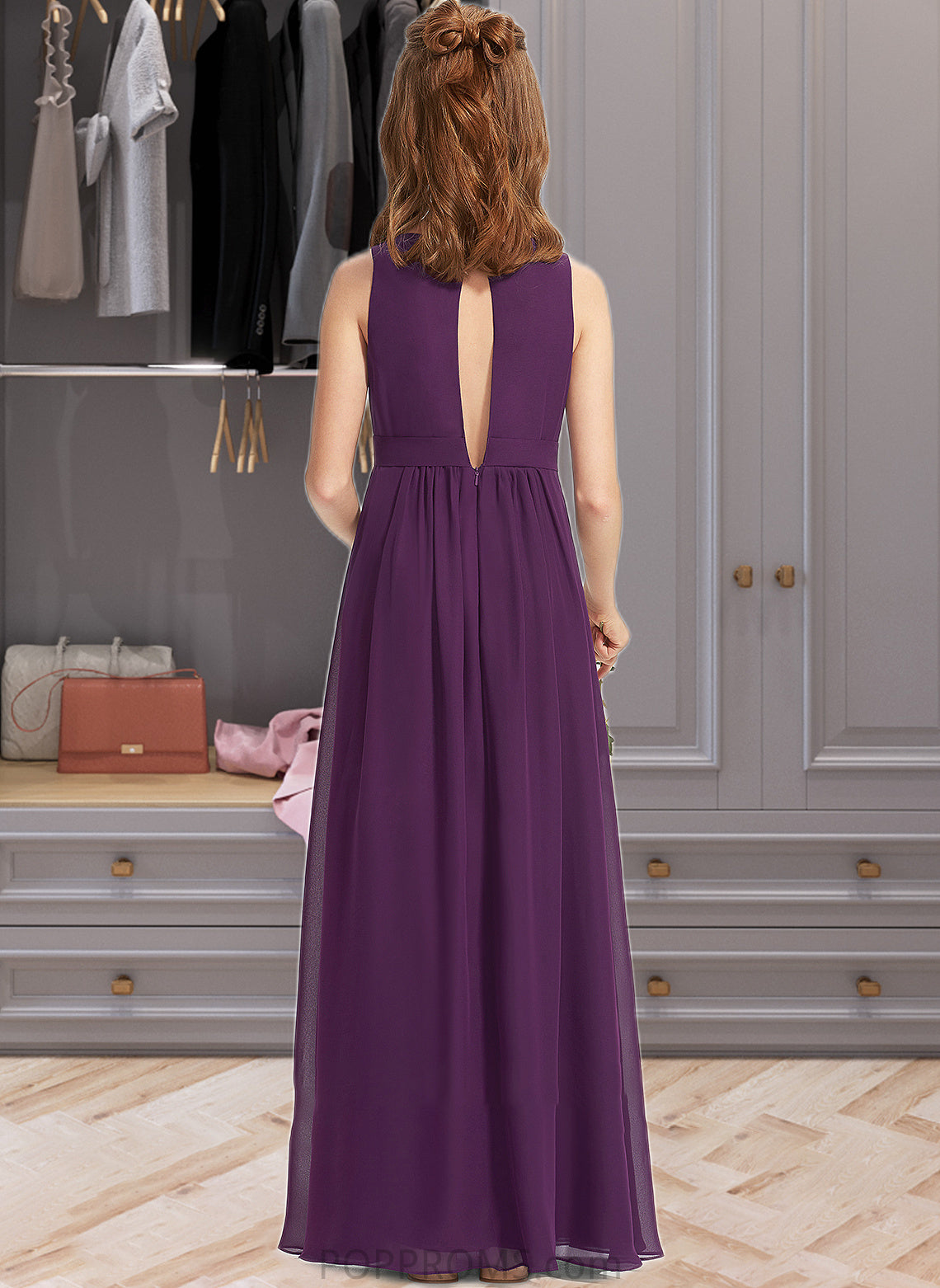 Katelyn A-Line V-neck Floor-Length Chiffon Junior Bridesmaid Dress With Ruffles PP6P0013607