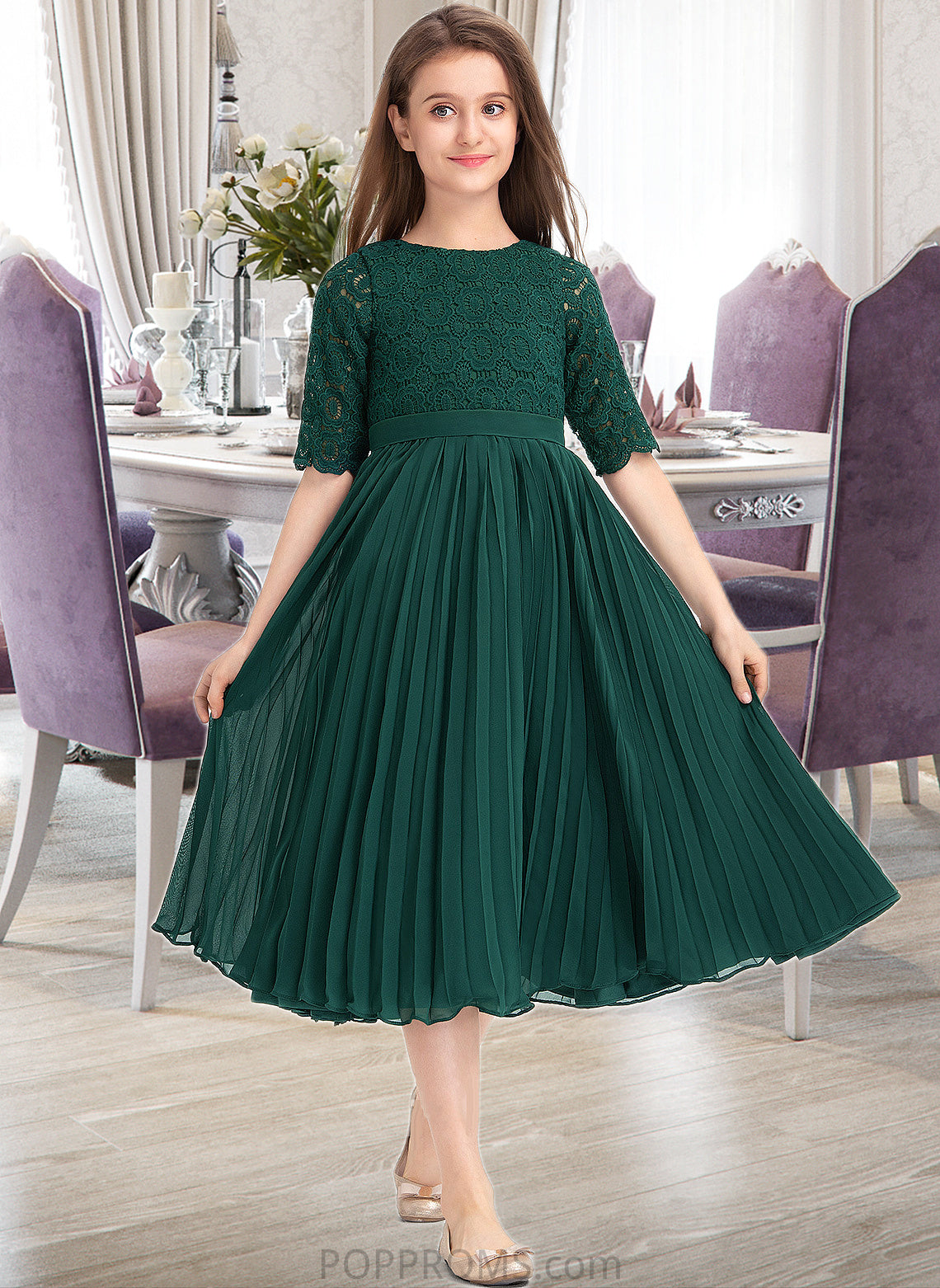 Presley A-Line Scoop Neck Tea-Length Chiffon Lace Junior Bridesmaid Dress With Pleated PP6P0013608