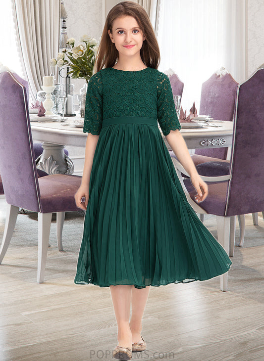 Presley A-Line Scoop Neck Tea-Length Chiffon Lace Junior Bridesmaid Dress With Pleated PP6P0013608