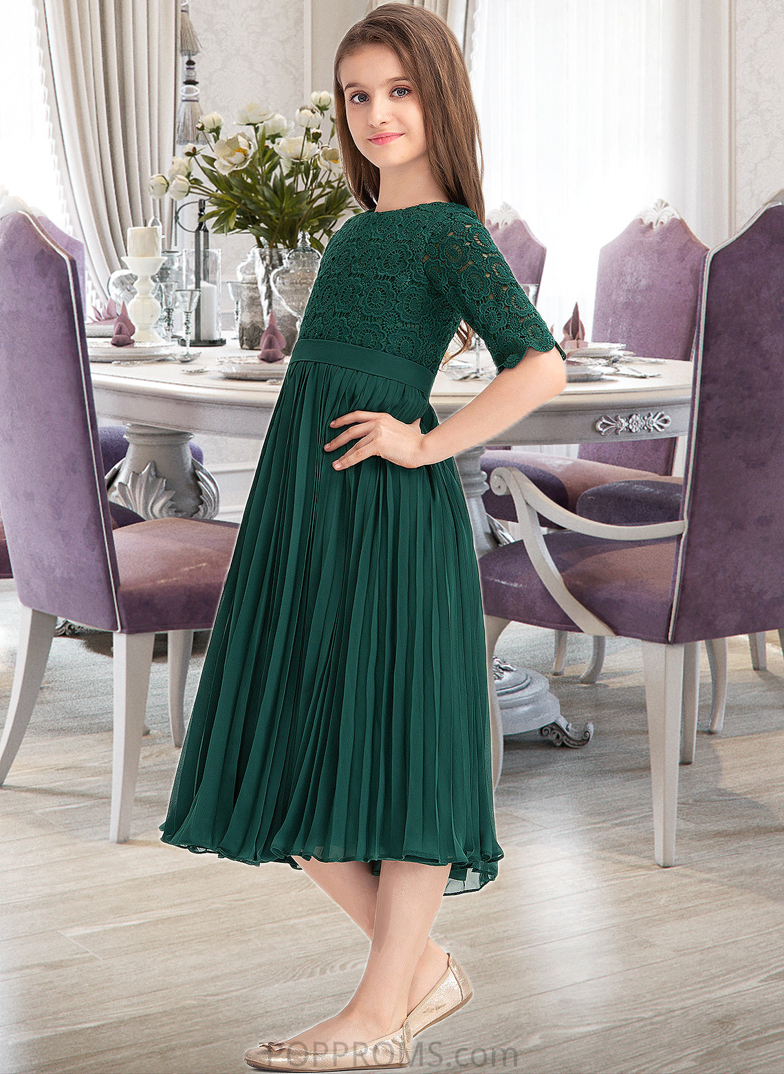 Presley A-Line Scoop Neck Tea-Length Chiffon Lace Junior Bridesmaid Dress With Pleated PP6P0013608