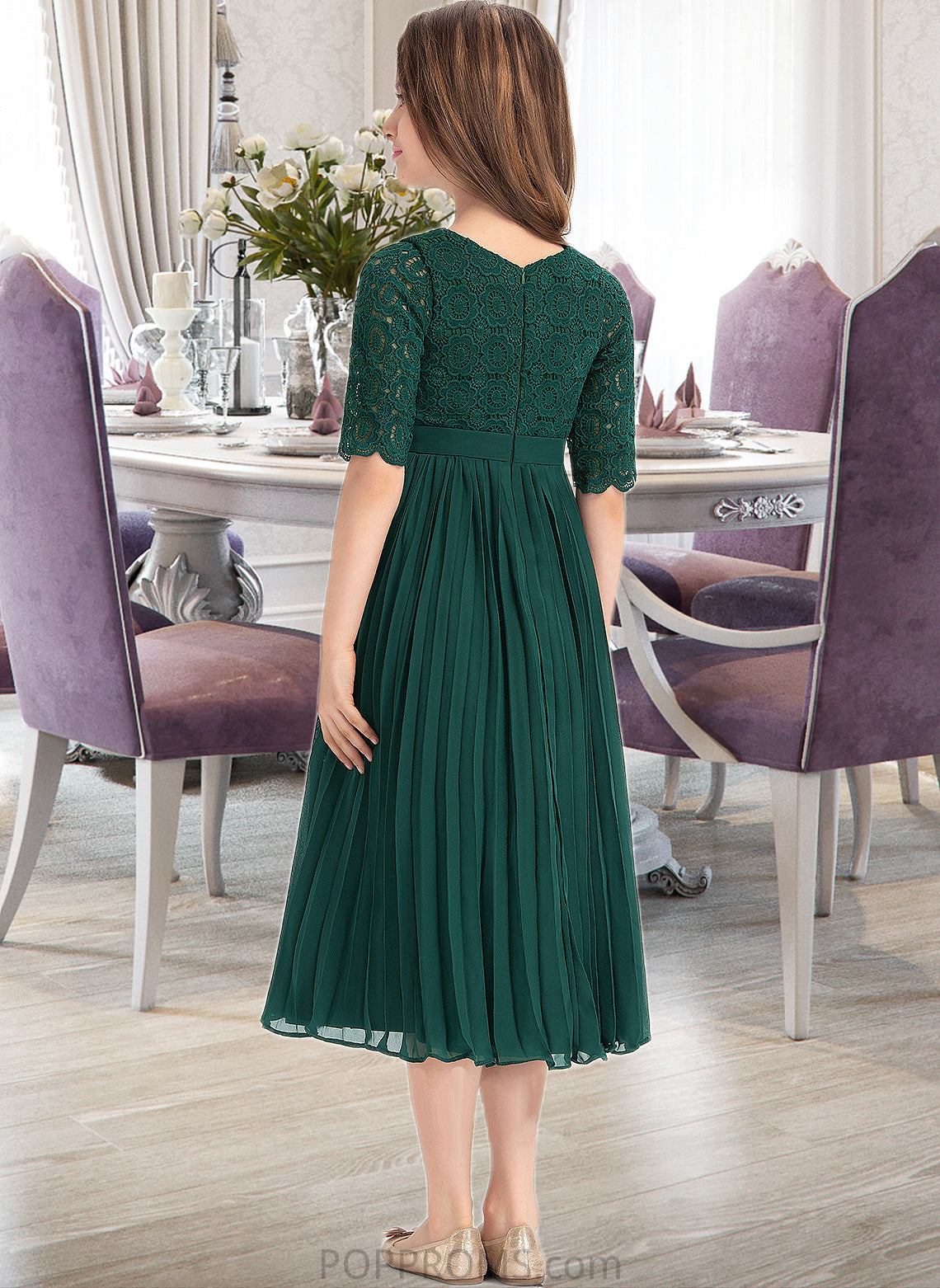 Presley A-Line Scoop Neck Tea-Length Chiffon Lace Junior Bridesmaid Dress With Pleated PP6P0013608