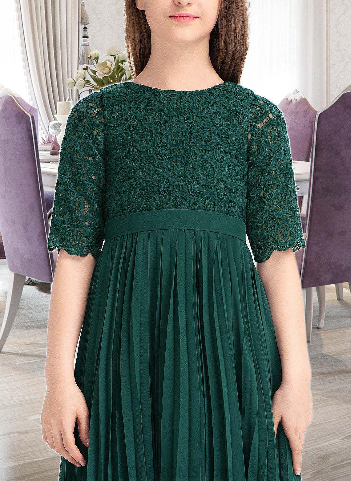 Presley A-Line Scoop Neck Tea-Length Chiffon Lace Junior Bridesmaid Dress With Pleated PP6P0013608