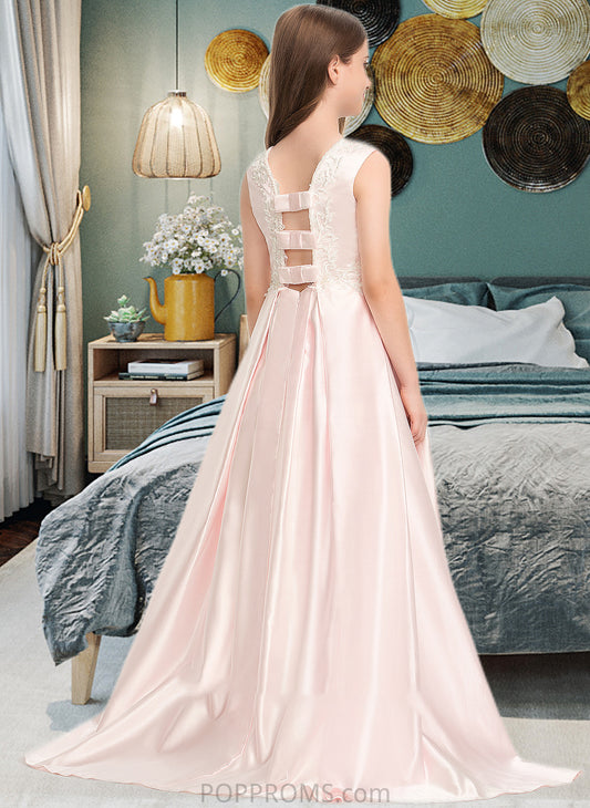 Carina A-Line Scoop Neck Sweep Train Satin Lace Junior Bridesmaid Dress With Bow(s) Pockets PP6P0013609