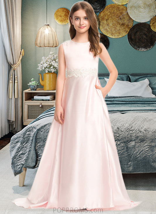 Carina A-Line Scoop Neck Sweep Train Satin Lace Junior Bridesmaid Dress With Bow(s) Pockets PP6P0013609