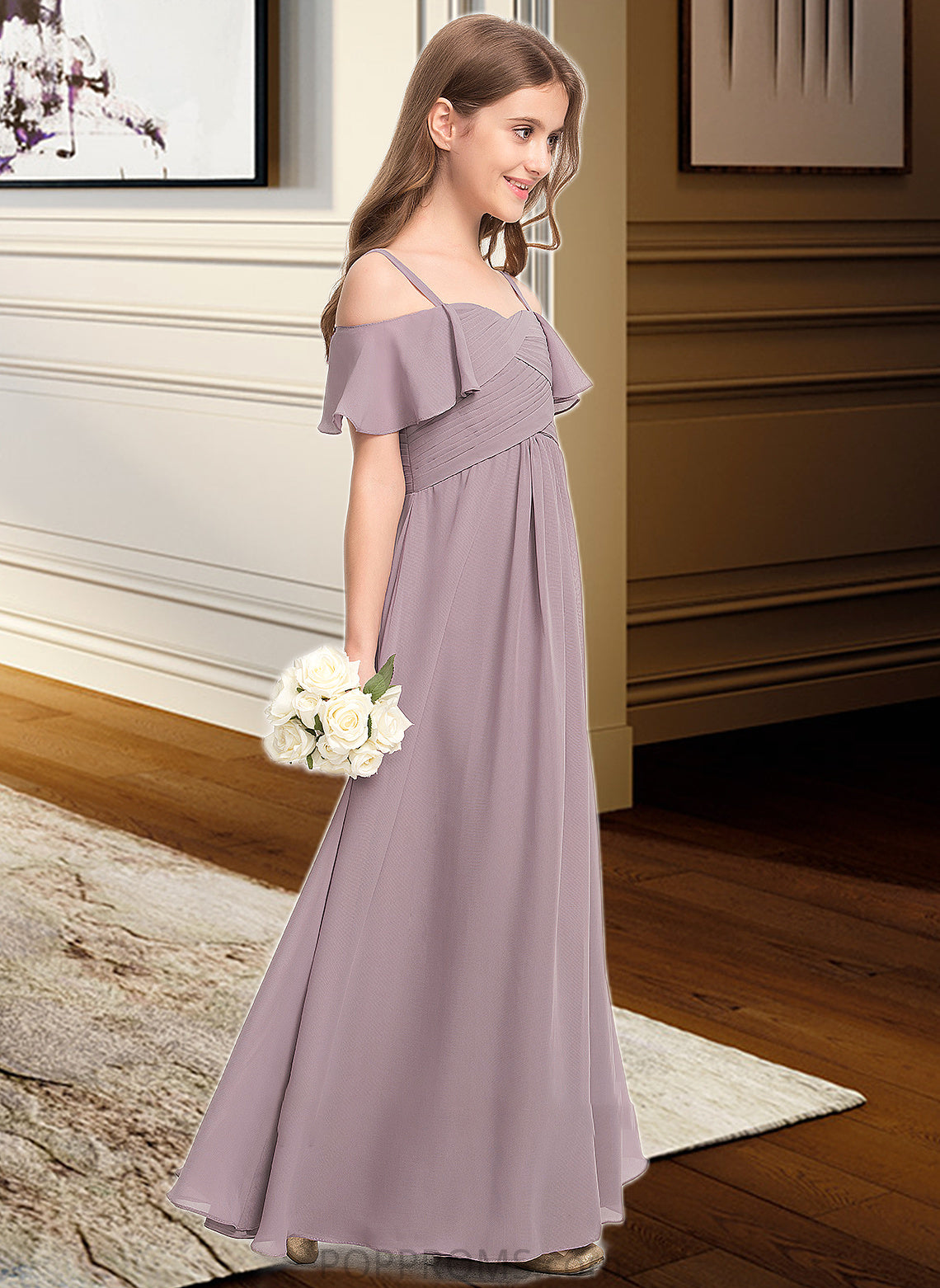 Matilda A-Line Off-the-Shoulder Floor-Length Chiffon Junior Bridesmaid Dress With Ruffle PP6P0013610