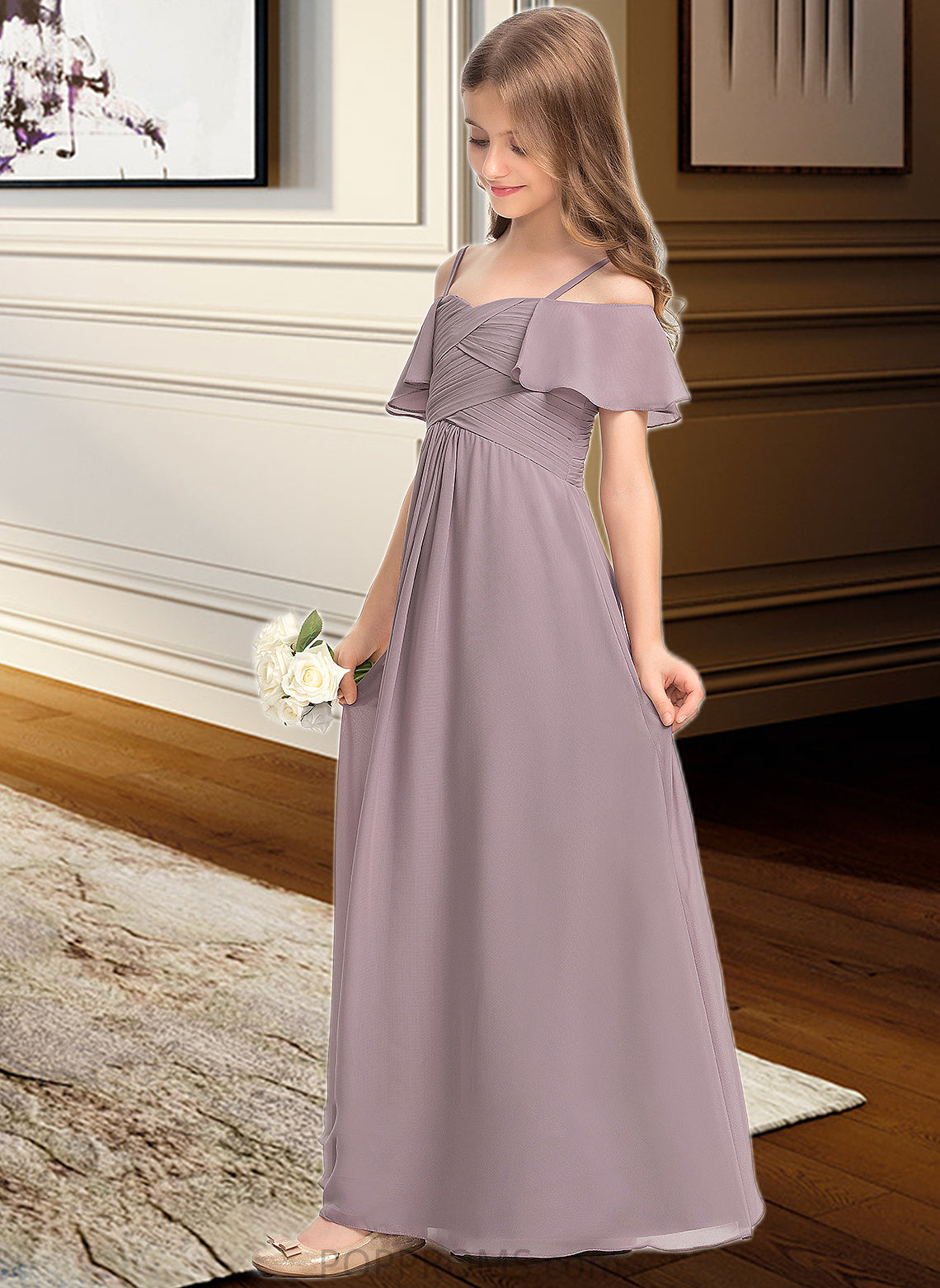 Matilda A-Line Off-the-Shoulder Floor-Length Chiffon Junior Bridesmaid Dress With Ruffle PP6P0013610