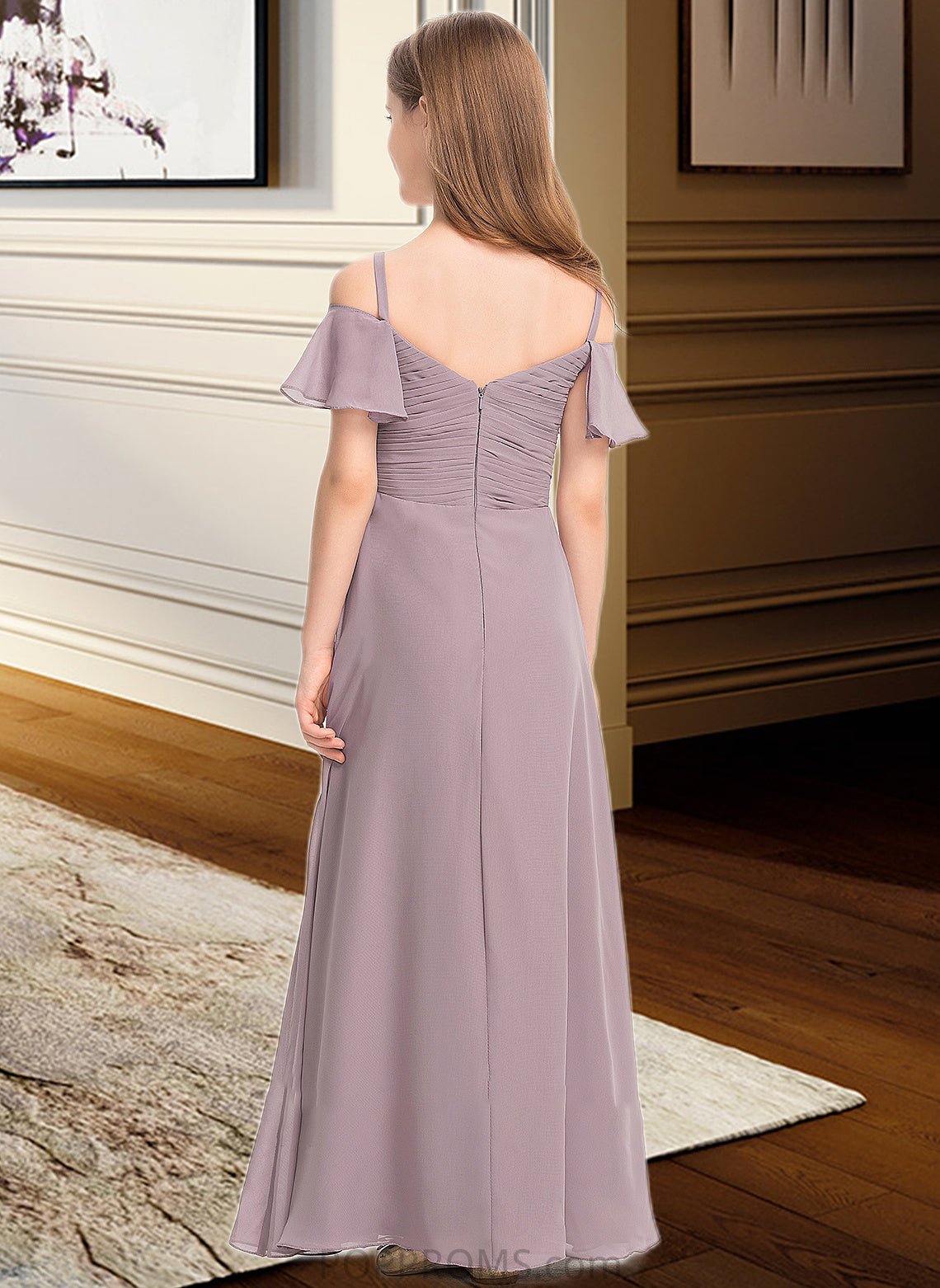 Matilda A-Line Off-the-Shoulder Floor-Length Chiffon Junior Bridesmaid Dress With Ruffle PP6P0013610