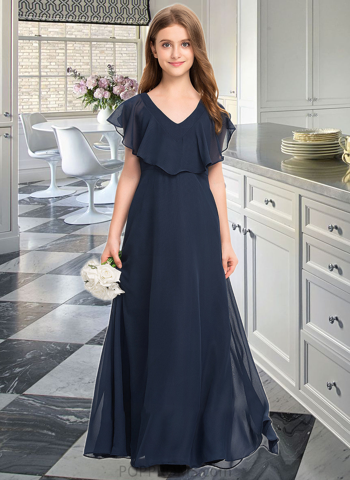 Precious A-Line V-neck Floor-Length Chiffon Junior Bridesmaid Dress PP6P0013611