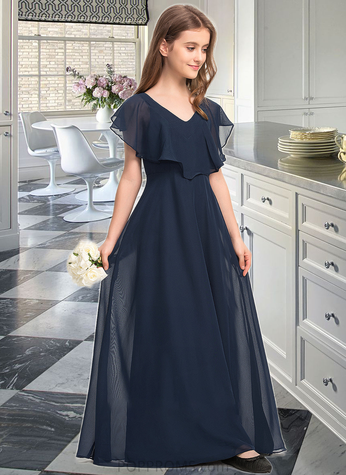 Precious A-Line V-neck Floor-Length Chiffon Junior Bridesmaid Dress PP6P0013611