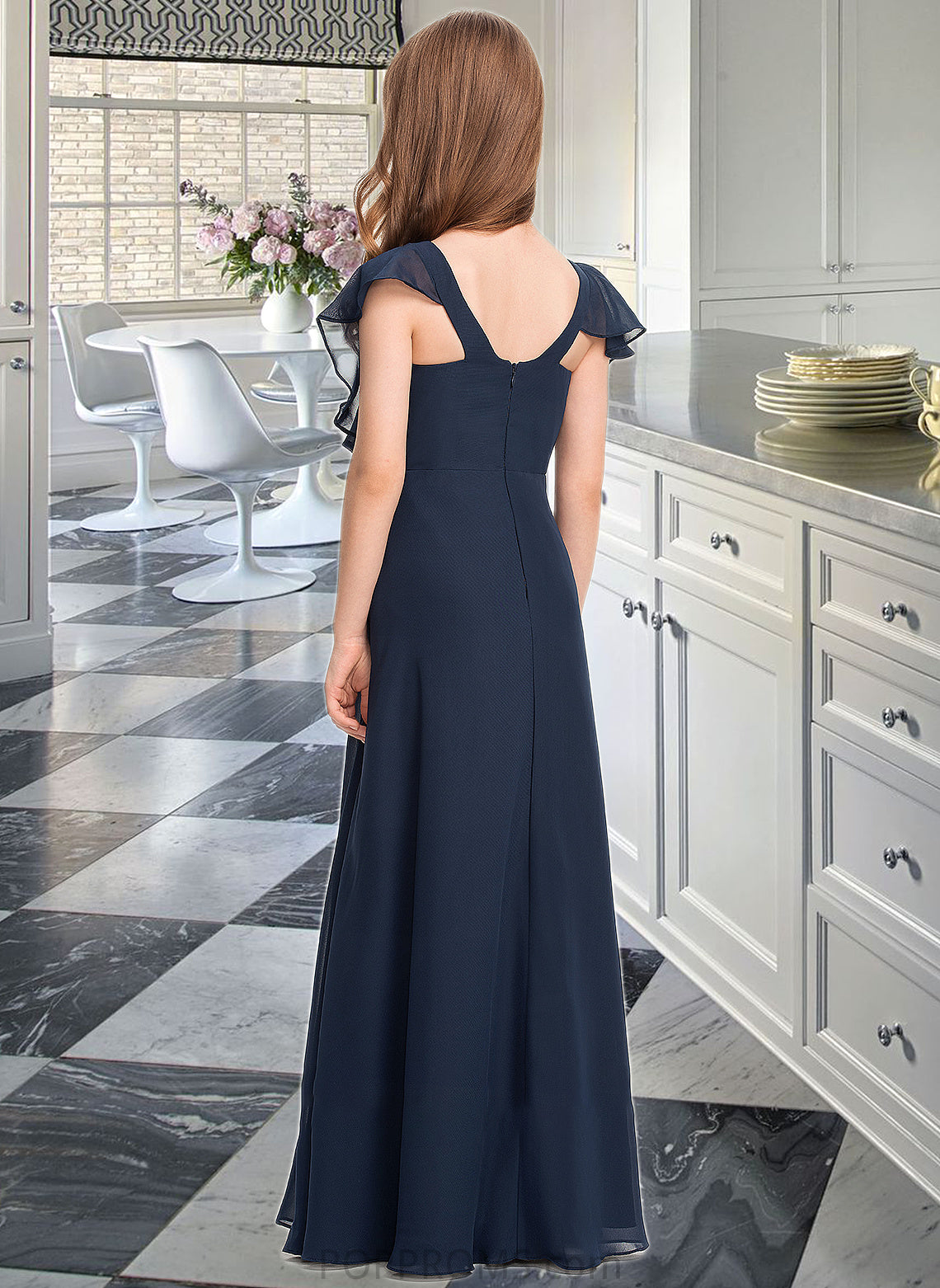 Precious A-Line V-neck Floor-Length Chiffon Junior Bridesmaid Dress PP6P0013611