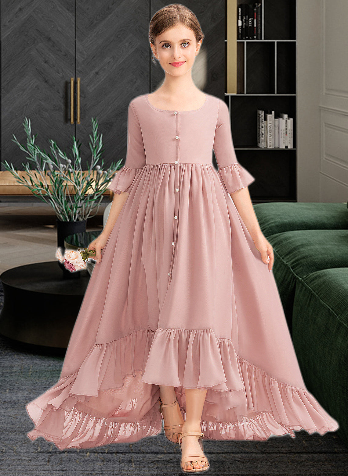 Campbell A-Line Scoop Neck Asymmetrical Chiffon Junior Bridesmaid Dress With Bow(s) Cascading Ruffles PP6P0013612